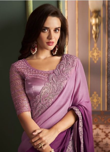 Purple & Lilac Silk Embroidered Party-Wear Boutique-Style Saree