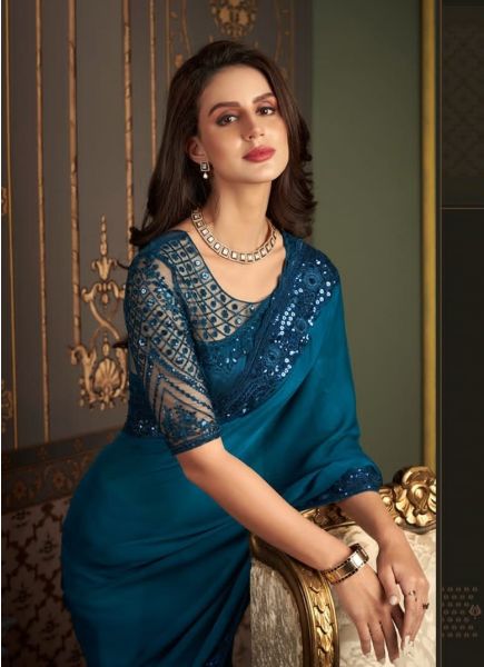 Sea Blue Chiffon Embroidered Party-Wear Boutique-Style Saree