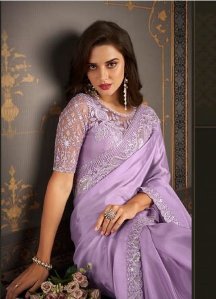 Lavender Silk Embroidered Party-Wear Boutique-Style Saree