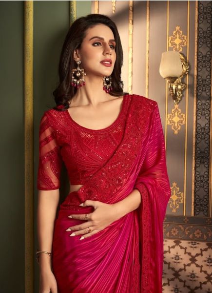 Red Silk Embroidered Party-Wear Boutique-Style Saree