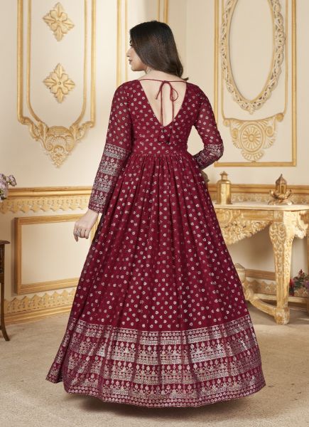 Red Georgette Foil-Printed Party-Wear Readymade Gown With Dupatta