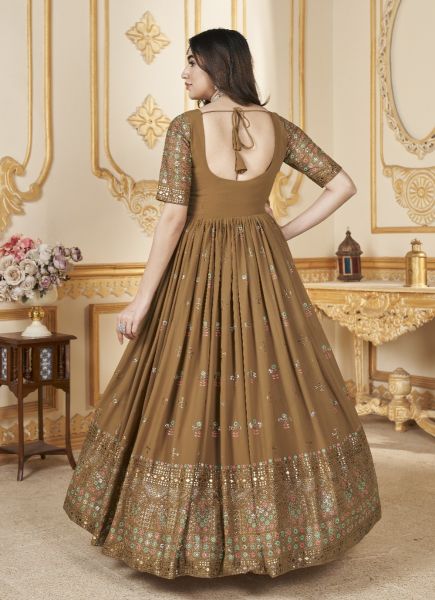 Brown Georgette Foil-Printed Party-Wear Readymade Gown With Dupatta