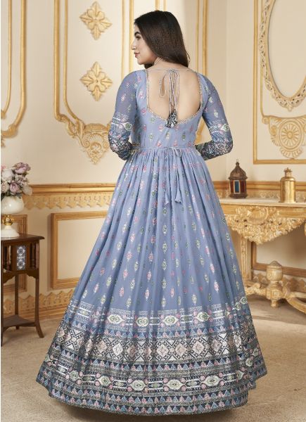 Light Blue Georgette Foil-Printed Party-Wear Readymade Gown With Dupatta [With Belt]