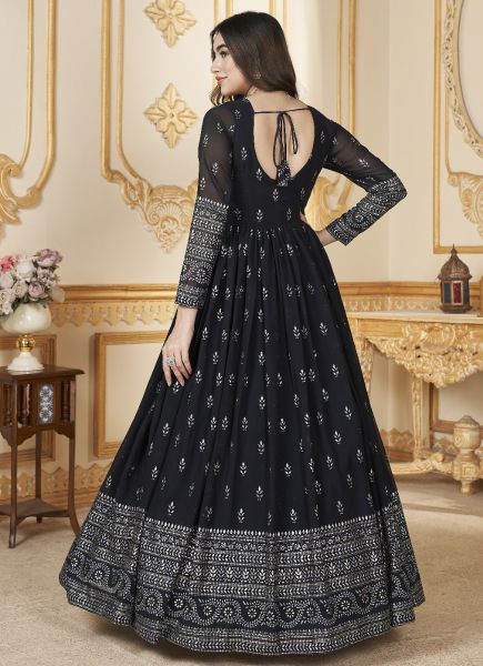 Dark Navy Blue Georgette Foil-Printed Party-Wear Readymade Gown With Dupatta