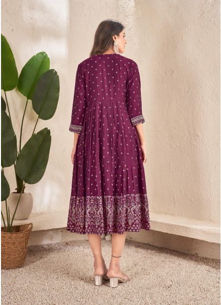 Light Green & Purple Rayon Foil-Printed Resort-Wear Readymade Anarkali Kurti