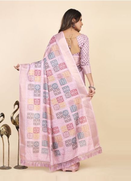 Pink Dola Silk Digitally Printed Festive-Wear Checks Saree