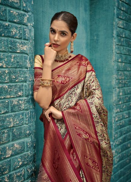 Beige & Wine Red Woven Kanjivaram Silk Saree For Traditional / Religious Occasions