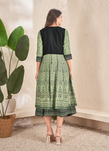 Light Green Rayon Foil-Printed Resort-Wear Readymade Anarkali Kurti