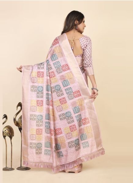 Light Pink Dola Silk Digitally Printed Festive-Wear Checks Saree