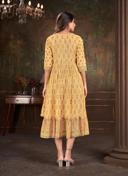Creamy Yellow Rayon Foil-Printed Resort-Wear Readymade Anarkali Kurti