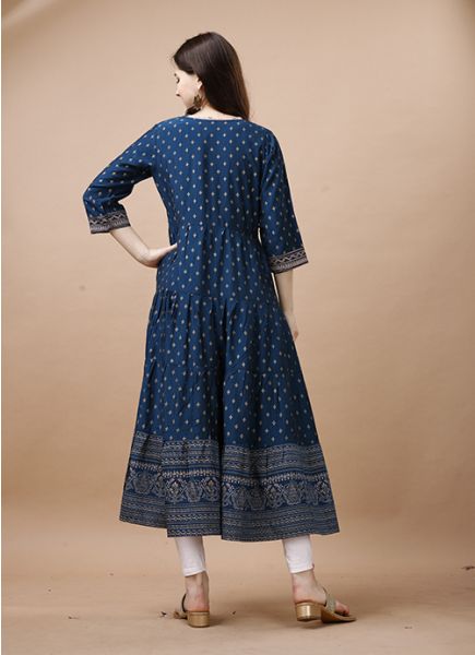 Blue Rayon Foil-Printed Resort-Wear Readymade Anarkali Kurti