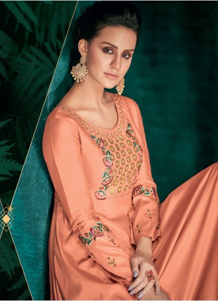 Light Salmon Silk Embroidered Party-Wear Readymade Floor-Length Gown