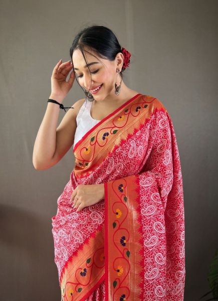 Red Lucknowi Weaving Party-Wear Silk Saree
