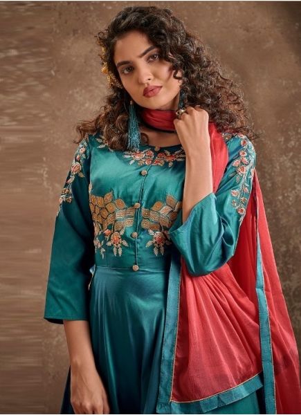 Teal Blue Silk With Heavy Embroidery Inner Stitched Readymade Gown with Dupatta