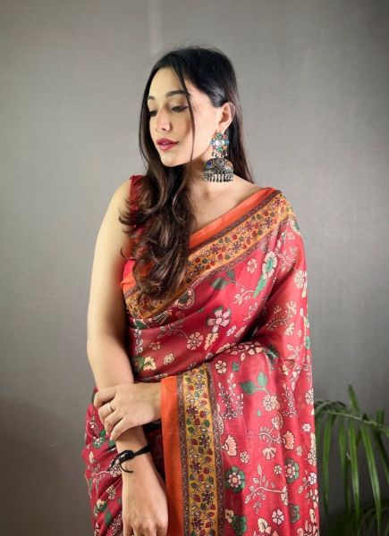 Wine Red Pure Malai Cotton Silk Printed Festive-Wear Saree