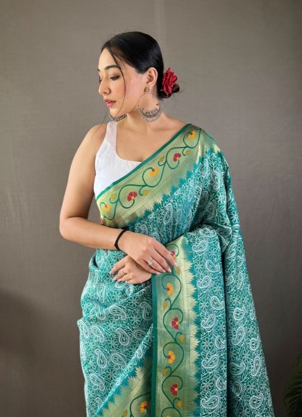 Teal Blue Lucknowi Weaving Party-Wear Silk Saree