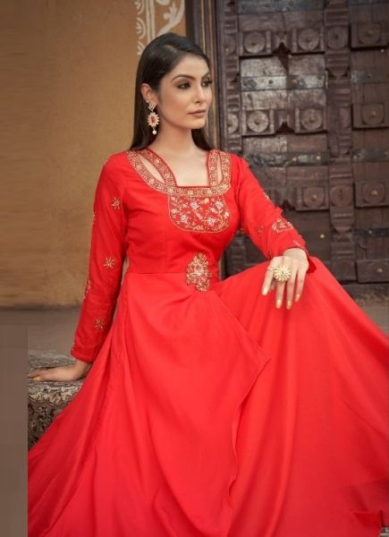 Red Muslin Embroidered Festive-Wear Floor-Length Readymade Gown