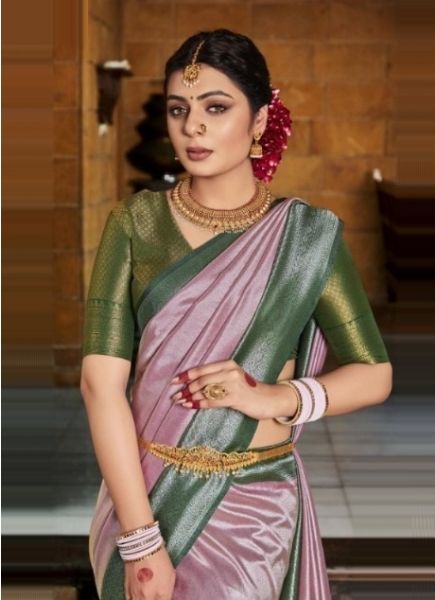 Pink Woven Silk Pattu Saree (Temple-Border) For Traditional / Religious Occasions