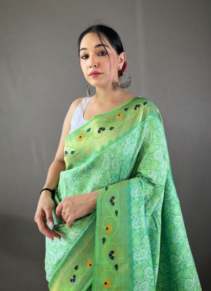 Light Green Lucknowi Weaving Party-Wear Silk Saree