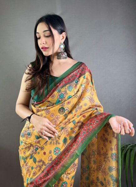 Marigold Pure Malai Cotton Silk Printed Festive-Wear Saree