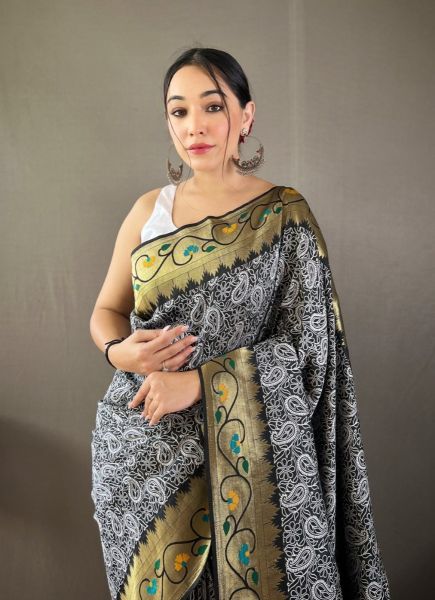 Black Lucknowi Weaving Party-Wear Silk Saree