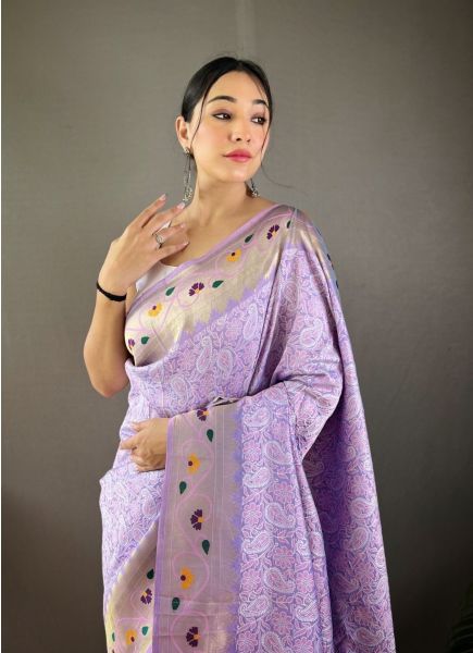 Light Lilac Lucknowi Weaving Party-Wear Silk Saree