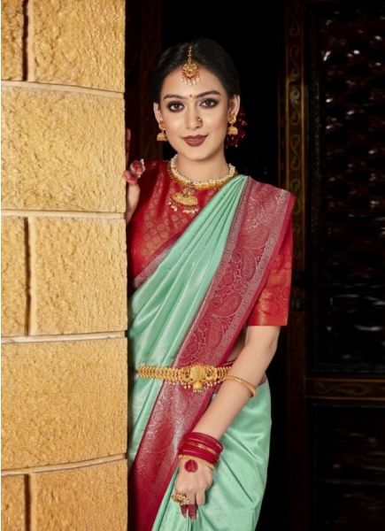 Light Mint Green Woven Silk Pattu Saree (Temple-Border) For Traditional / Religious Occasions