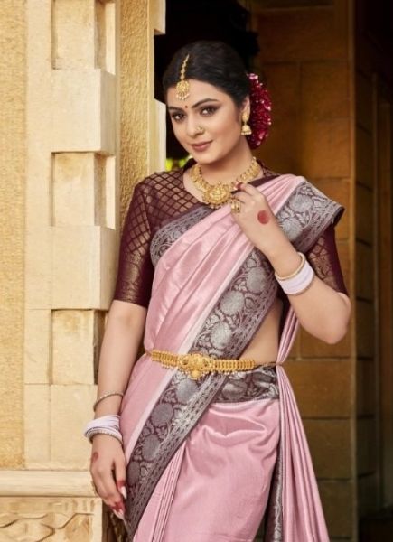 Light Pink Woven Silk Pattu Saree (Temple-Border) For Traditional / Religious Occasions