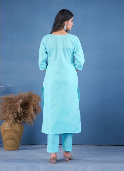 Light Blue Cotton Bland Printed Resort-Wear Readymade Kurti With Pant