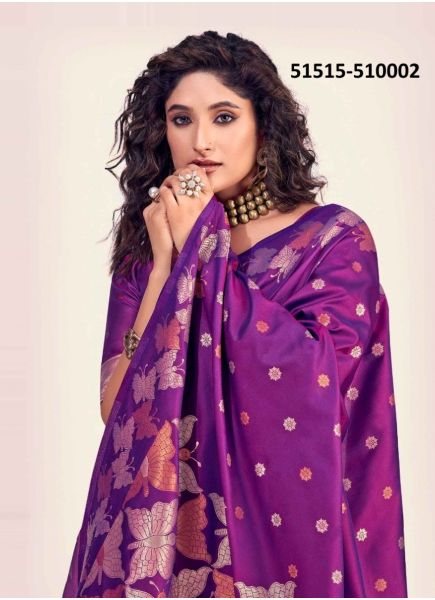 Purple Banarasi Silk Embroidered Festive-Wear Saree