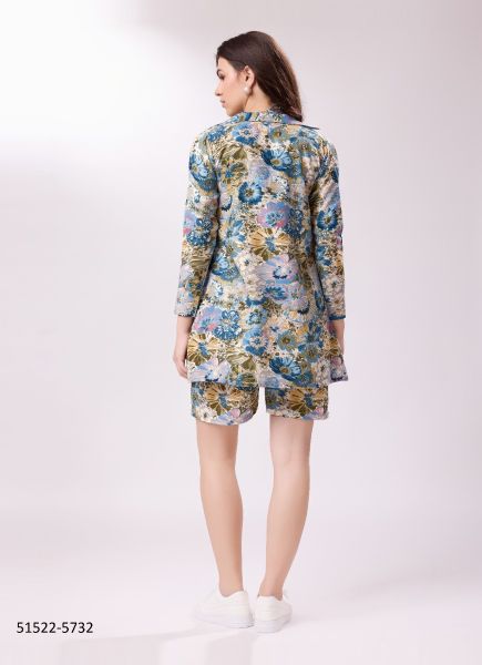 Sea Blue Cotton Digitally Printed Beach-Wear Readymade Top & Bottom With Jacket