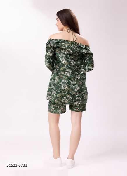 Dark Green Cotton Digitally Printed Beach-Wear Readymade Top, Bottom With Shrug