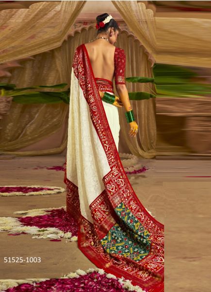 Bone White Woven Georgette Patola Silk Saree For Traditional / Religious Occasions