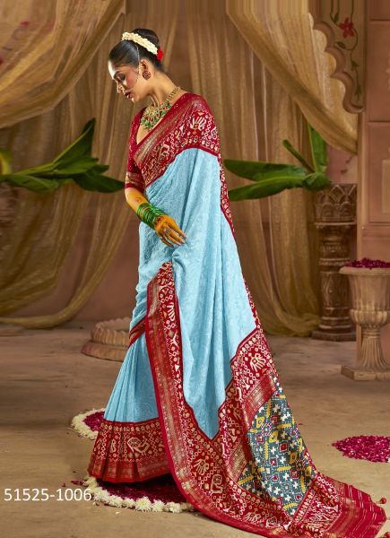 Sky Blue Woven Georgette Patola Silk Saree For Traditional / Religious Occasions