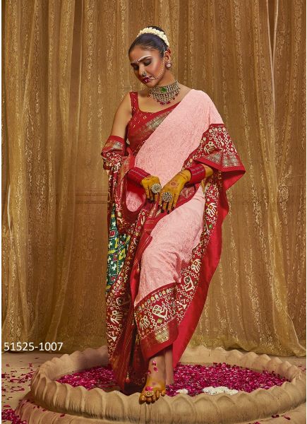 Pink Woven Georgette Patola Silk Saree For Traditional / Religious Occasions
