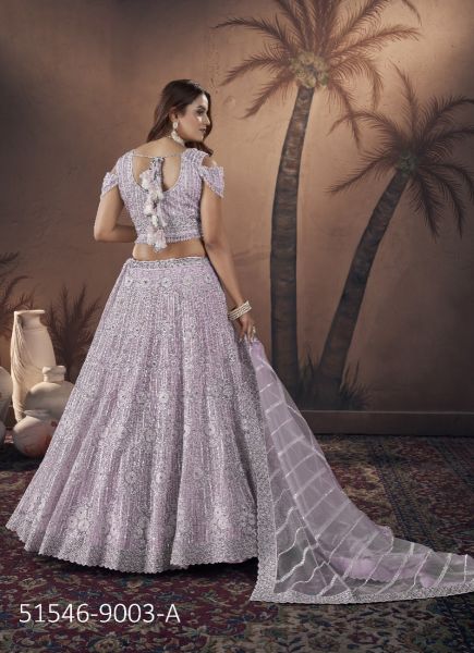 Lilac Net Handwork Wedding-Wear Gliterring Readymade Lehenga Choli
