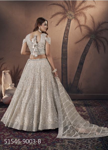 Beige Net Handwork Wedding-Wear Gliterring Readymade Lehenga Choli