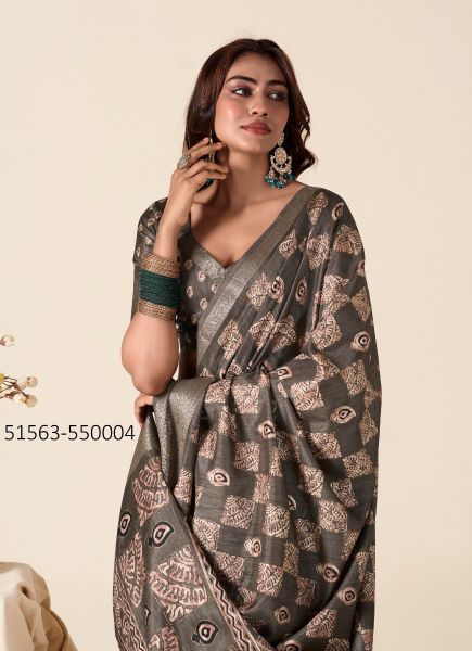 Gray Dola Silk Foil-Printed Saree For Traditional / Religious Occasions