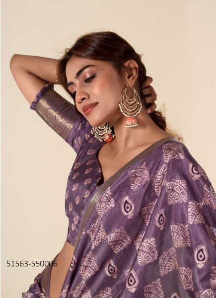 Violet Dola Silk Foil-Printed Saree For Traditional / Religious Occasions