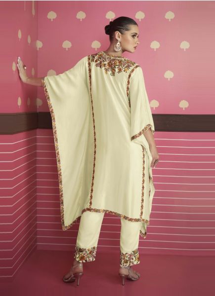 Cream Silk Satin Thread-Work Party-Wear Readymade Kaftan With Bottom & Dupatta