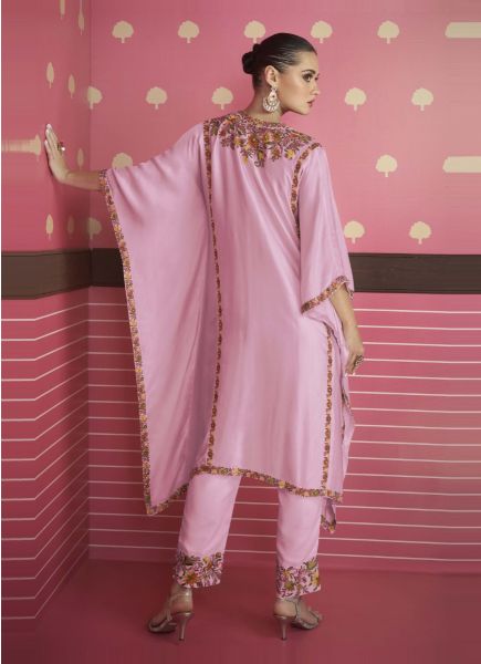 Pink Silk Satin Thread-Work Party-Wear Readymade Kaftan With Bottom & Dupatta