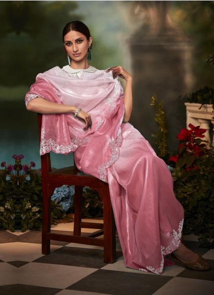 Vibrant Pink Organza Silk Party-Wear Saree With Stone-Work