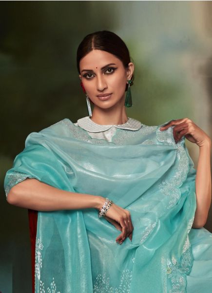 Vibrant Light Teal Blue Organza Silk Party-Wear Saree With Stone-Work