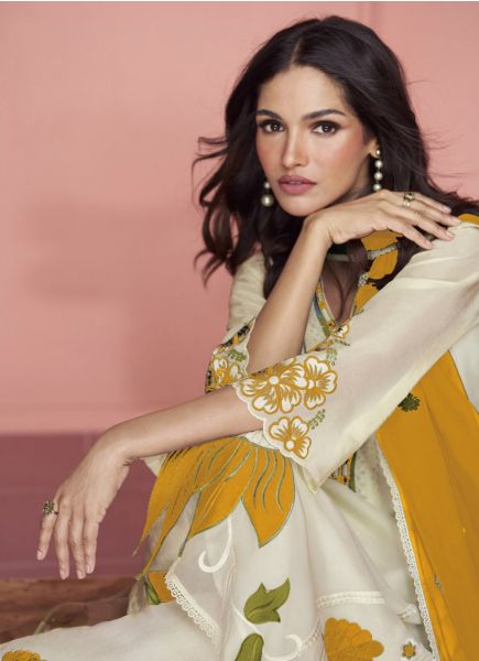 Bone White & Mustard Yellow Georgette Thread-Work Festive-Wear Straight-Cut Salwar Kameez