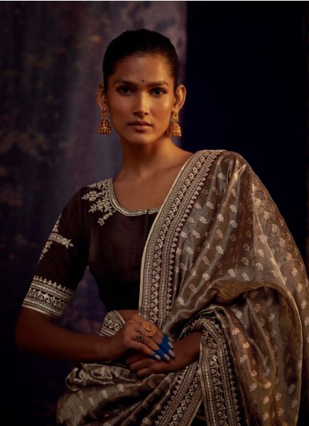 Brown Organza Embroidered Party-Wear Saree