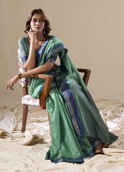 Aqua Green Woven Cotton Handloom Saree For Traditional / Religious Occasions