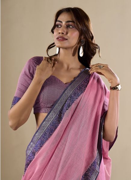 Pink Woven Cotton Handloom Saree For Traditional / Religious Occasions
