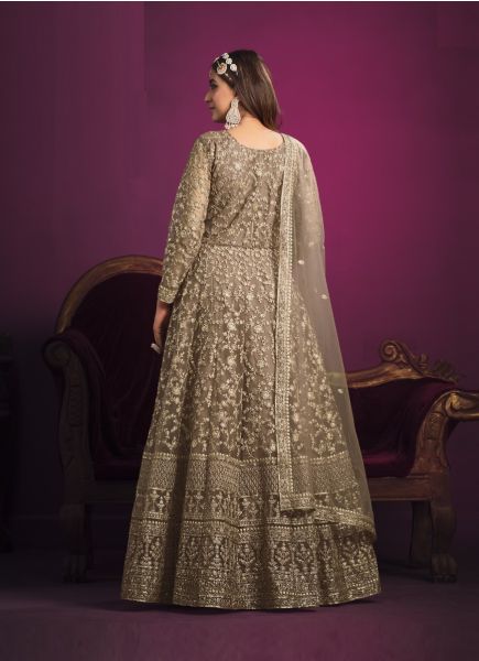 Light Brown Net Embroidered Party-Wear Floor-Length Salwar Kameez