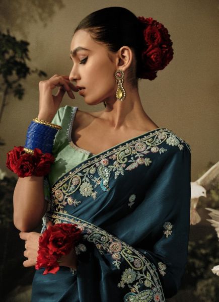 Sea Blue Organza Satin Silk Hand Embroidered Wedding-Wear Saree