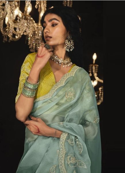 Light Mint Green Organza Silk Thread-Work Party-Wear Embroidery Saree
